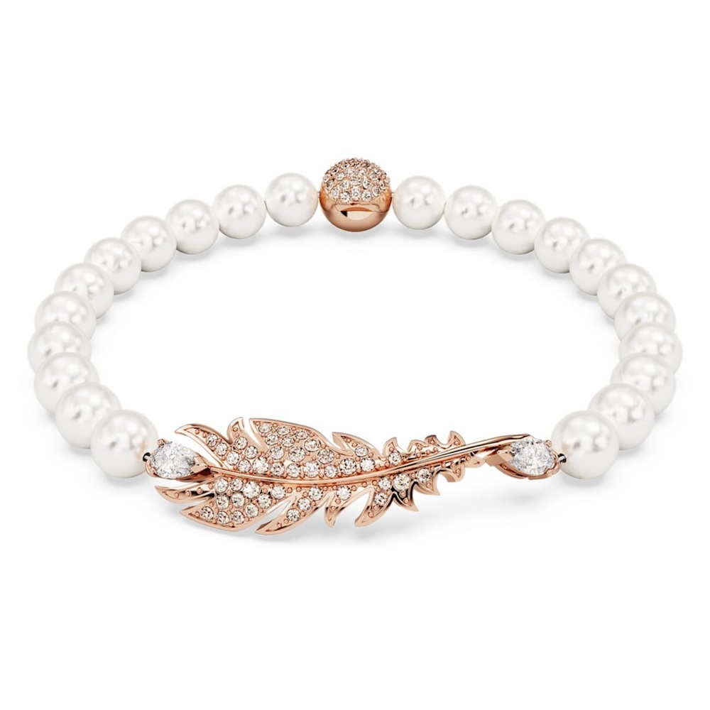 NWT Swarovski Elegant Pearl Bracelet Rose Gold Feather Accent, Magnetic Closure